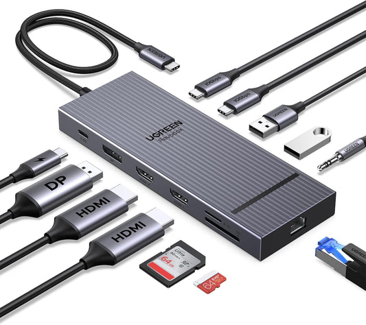 UGREEN Docking Station, 12 in 1 Revodok Pro Triple 4K Display with Dual HDMI & DP, USB-C Dock with 4K@120Hz DisplayPort, 10Gbps Data Port, 100W PD, 170MB/s SD/TF, Aluminum Hub for Dell, HP Laptop - PuriLite