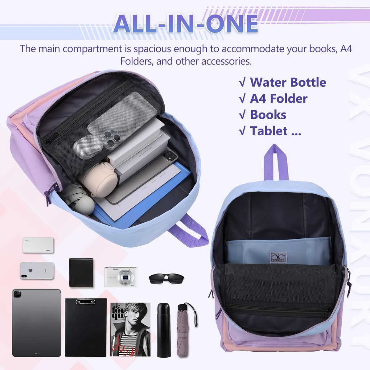 School Backpack for Kids,Lightweight Water Resistant Work Travel Backpack for Women Men Teens VONXURY - PuriLite
