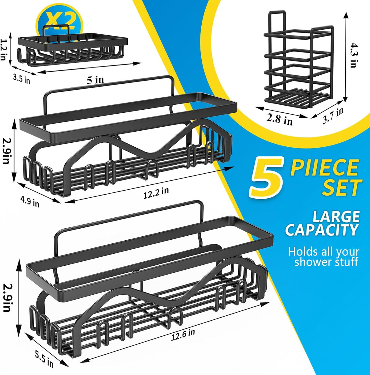 Coraje Adhesive Shower Caddy, 5-Pack Shower Shelves, Large Capacity Load Bearing 40 LBS Shower Organizer, No Drilling Shower Shelf, Rustproof Stainless Steel Bathroom Shower Storage, Black - PuriLite