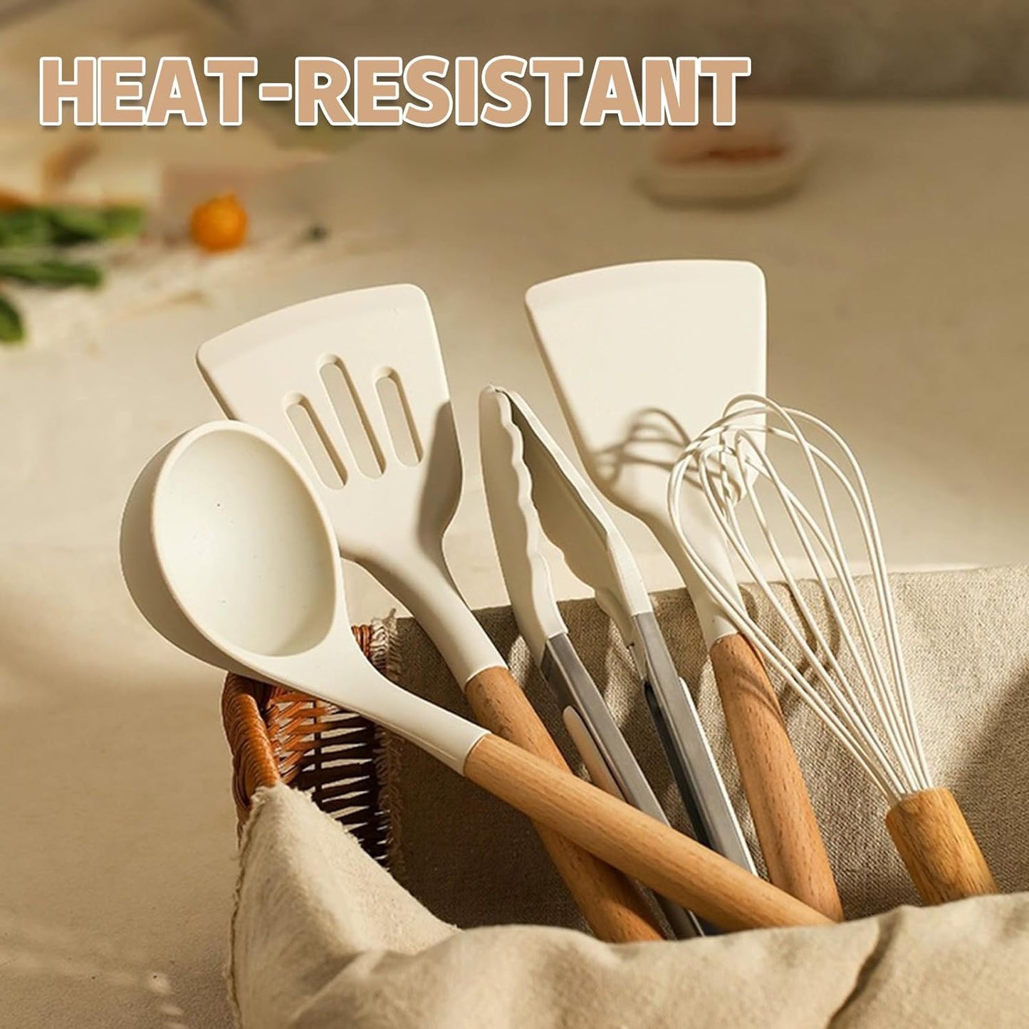 Umite Chef Kitchen Cooking Utensils Set, 33 pcs Non-Stick Silicone Cooking Kitchen Utensils Spatula Set with Holder, Wooden Handle Silicone Kitchen Gadgets Utensil Set (Khaki) - PuriLite