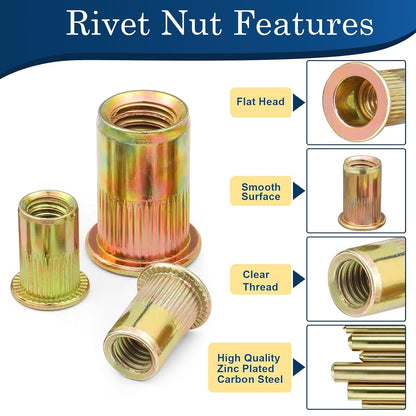 Vifmy Metric & SAE Rivet Nut Assortment Kit(420 Pcs),m3 m4 m5 m6 m8 m10 m12#6-32#8-32#10-24 1/4"-20 5/16"-18 3/8"-16 UNC Flat Head Rivnut Set,Zinc Plated Finish Carbon Steel Nutsert - PuriLite
