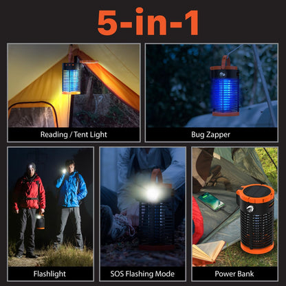 FosPower Bug Zapper 5-in 1 Outdoor/Indoor Mosquito Zapper, Solar Power Bank 29600mWh, Flashlight, Tent Light, Emergency SOS Signal for Camping Essentials, Backyard, Home, Patio - PuriLite