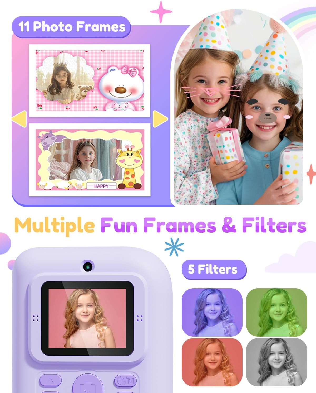 Pussan Kids Camera Instant Print, 1080P Instant Print Camera Toys for 3-12 Year Old Girls, Christmas Birthday Gifts for Age 3 4 5 6 7 Girls, Kids Digital Camera Toys with 3 Rolls Print Paper-Pink - PuriLite