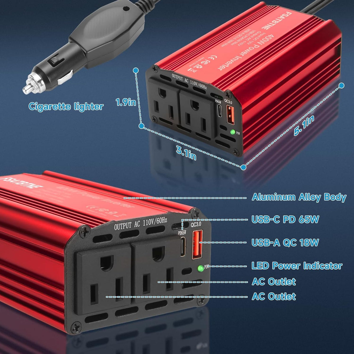 FSATBTNE 400W Power Inverter 12V DC to 110V AC Car Plug Adapter Outlet Converter with [65W PD USB-C] & [18W QC USB-A] Fast Charging Ports and 2 AC Outlets Car Power Inverters for Vehicles - PuriLite