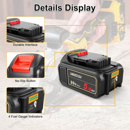 AMICROSS 2 Pack 20V 5000mAh Battery Replacement for Dewalt 20V Battery Compatible with DCB206 DCB200 DCB201 DCB204 20 Volt Lithium-Ion MAX DCD/DCF/DCG Series Cordless Tools & Chargers DCB112 DCB115 - PuriLite