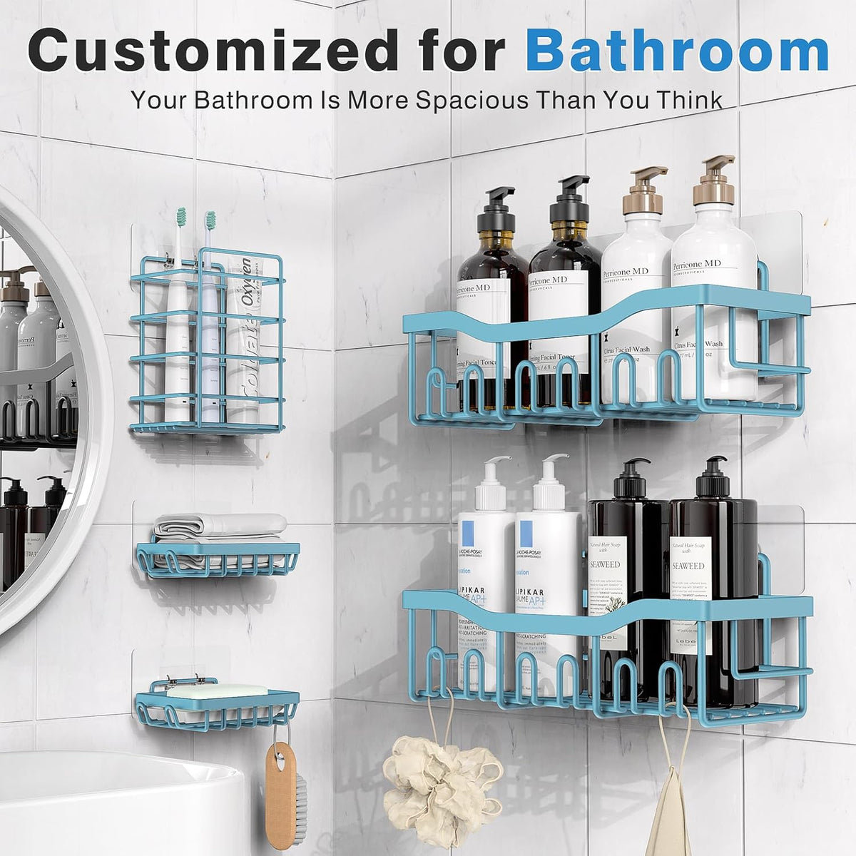 EUDELE 5-Pack Rustproof Stainless Steel Shower Caddy – No Drill Adhesive Bathroom Organizer with Large Capacity, Spacious Shower Shelves for Inside Shower, Kitchen & Home Decor Storage - PuriLite