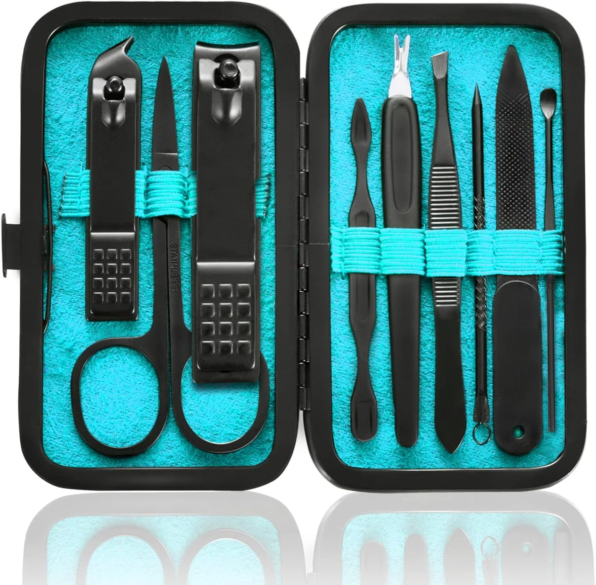 Manicure Set 9 in 1 Stainless Steel, Nail Clippers Scissors Pedicure Tools Kit - Portable Travel Grooming Kit for Men and Women with Black/Red Leather Case (Blue) - PuriLite