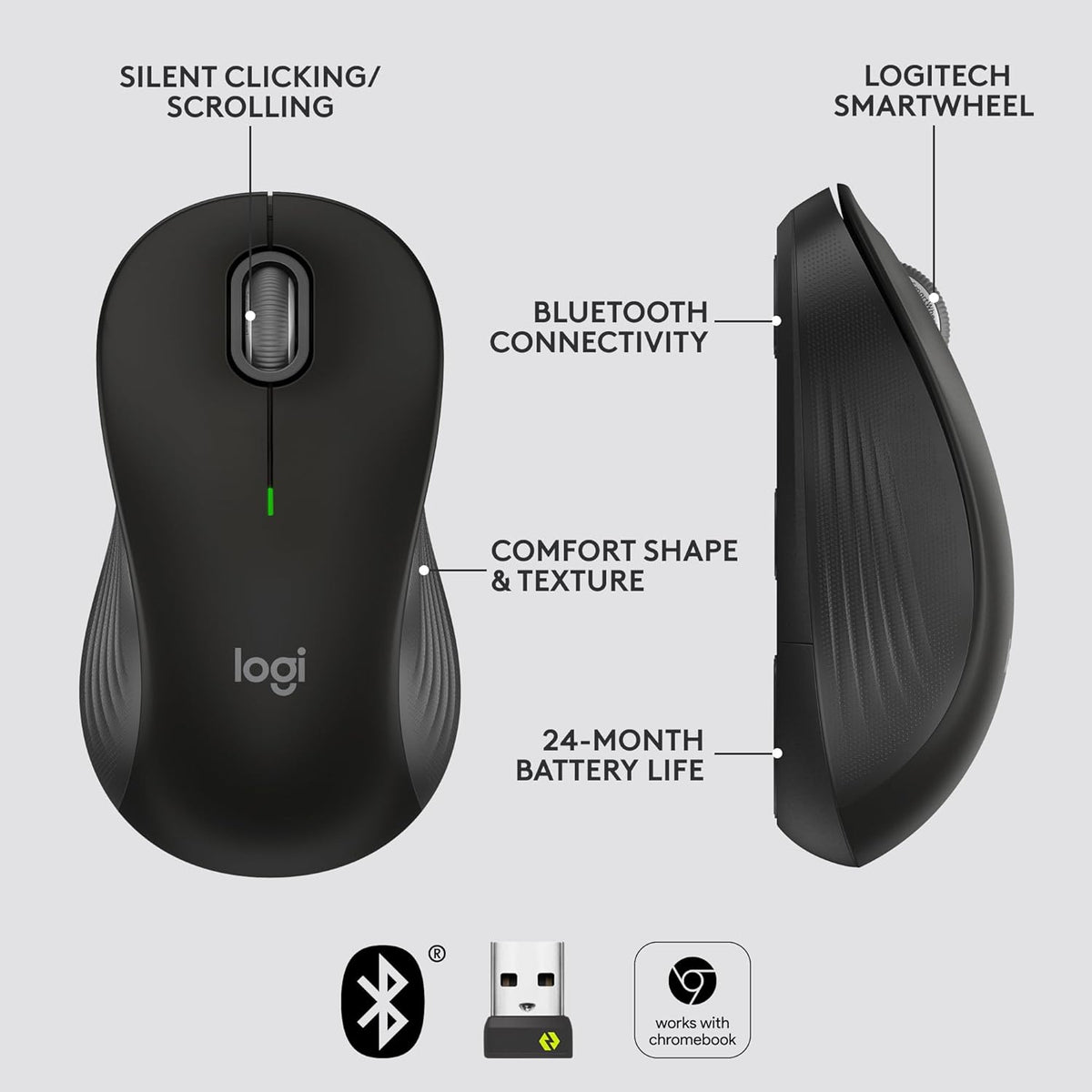 Logitech Signature M650 L Full Size Wireless Mouse - For Large Sized Hands, 2-Year Battery, Silent Clicks, Customizable Side Buttons, Bluetooth, for PC/Mac/Multi-Device/Chromebook - Black - PuriLite