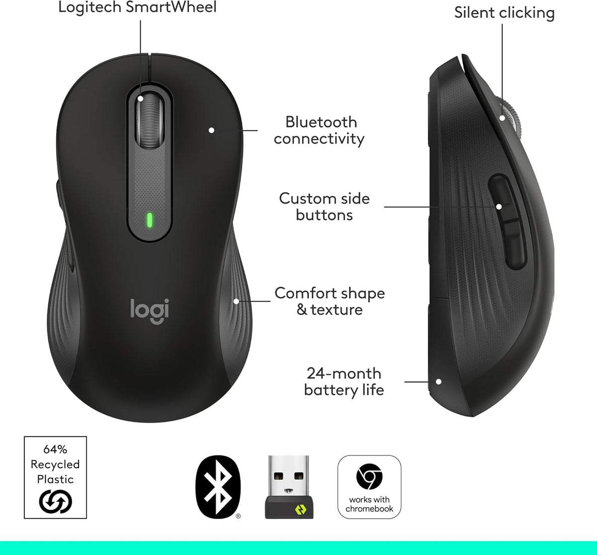 Logitech Signature M650 L Full Size Wireless Mouse - For Large Sized Hands, 2-Year Battery, Silent Clicks, Customizable Side Buttons, Bluetooth, for PC/Mac/Multi-Device/Chromebook - Black - PuriLite