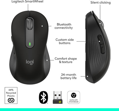 Logitech Signature M650 L Full Size Wireless Mouse - For Large Sized Hands, 2-Year Battery, Silent Clicks, Customizable Side Buttons, Bluetooth, for PC/Mac/Multi-Device/Chromebook - Black - PuriLite