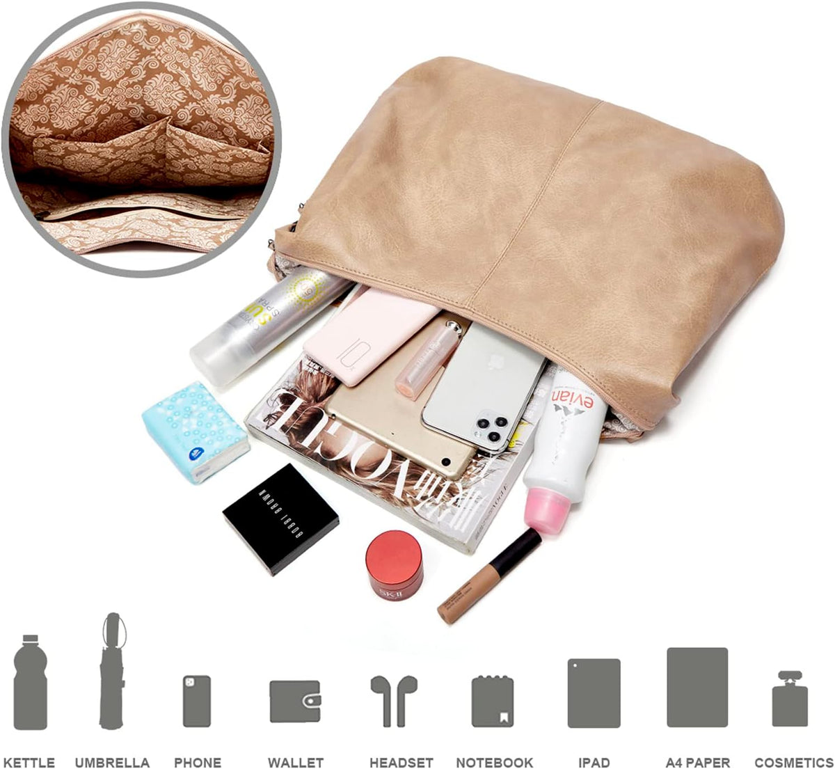 Ashioup Hobo Bags for Women Soft PU Leather Shoulder Bag Vintage Slouchy Handbag with Zipper - PuriLite