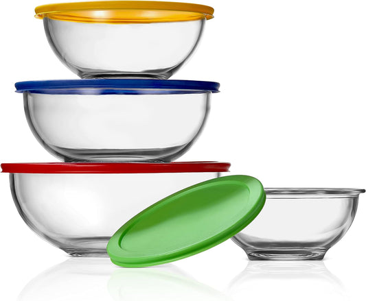 NutriChef 4-Piece Glass Mixing Bowl Set with Airtight Lids - Meal Prep Containers, Salad Bowls - Stackable, Leakproof, Freezer-to-Oven Safe, Dishwasher Safe - PuriLite