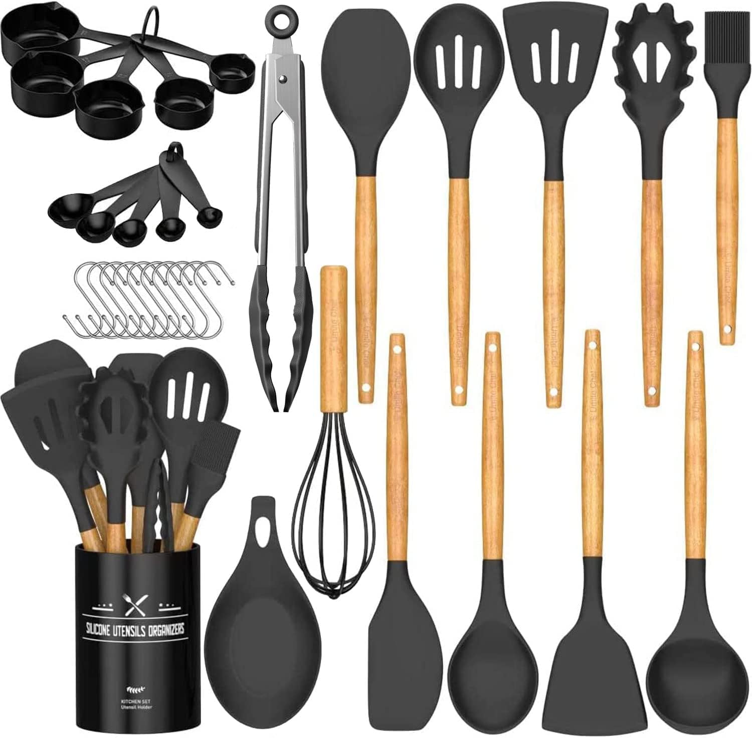 Umite Chef Kitchen Cooking Utensils Set, 33 pcs Non-Stick Silicone Cooking Kitchen Utensils Spatula Set with Holder, Wooden Handle Silicone Kitchen Gadgets Utensil Set (Khaki) - PuriLite