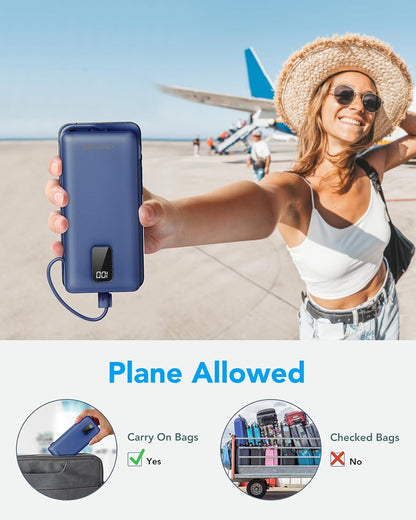Charmast Portable Charger with Built-in Cables and AC Wall Plug, 10000mAh Ultra Slim Power Bank with 5 Outputs & 2 Inputs, External Battery Pack Compatible with iPhone 14/13, Samsung Galaxy, etc - PuriLite