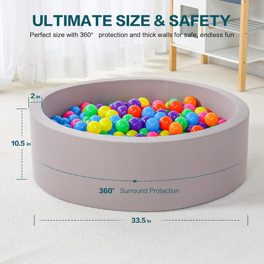 Soft Foam Ball Pit for Toddlers and Babies, Round Kids Play Tent Ball Pool for Indoor and Outdoor Use, Memory Foam Baby Playpen for Ages 3–5, Grey - PuriLite