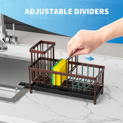 Cisily Sponge Holder for Kitchen Sink, Sink Caddy with High Brush Holder, Organzier Rustproof 304 Stainless Steel Dish Organizer Divider, Soap Dispenser Storage (Black) - PuriLite