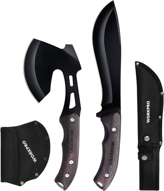 WORKPRO Axe and Fixed Blade Knife Combo Set, Full Tang, Wood Handle, for Outdoor Camping Survival Hunting Hiking, Nylon Sheath Included - PuriLite