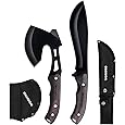 Mossy Oak Axe and Fixed Blade Knife with Sheath, One-Piece Camping Hatchet and Hunting Knife with Rope Handle, Includes Zoomable Tactical Flashlight and Many Other Tools, 15 Pieces Camping Tool Set - PuriLite
