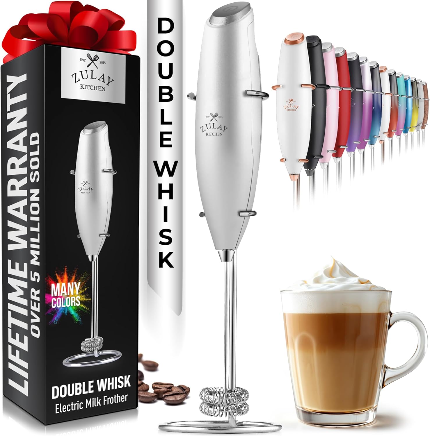 Zulay Kitchen Powerful Double Whisk Milk Frother Handheld - Foam Maker with Stand - Whisk Drink Mixer for Coffee, Mini Foamer for Latte, Matcha, Frappe, Hot Chocolate & Cappuccino (Black) - PuriLite