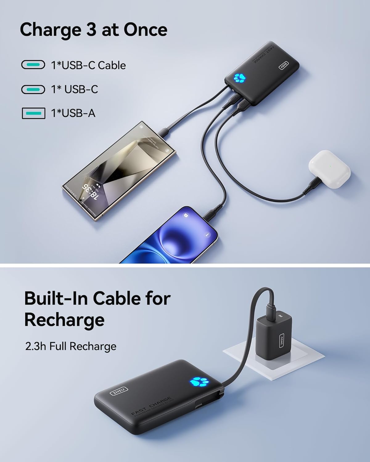 INIU Portable Charger, Mini 10000mAh Power Bank with Build in USB-C Cable, 20W Fast Charging Powerbank with Cords Wires, Cruise Ship Travel Essentials Battery Pack for College Student Traveler, Orange - PuriLite