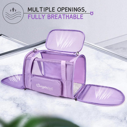 BurgeonNest Cat Carriers for Medium Cats Under 25 lbs, Pet Carrier for Cats with Unique Side Bag,Top Load Small Pet Carrier Soft-Sided Escape Proof with 4 Ventilated Windows - PuriLite