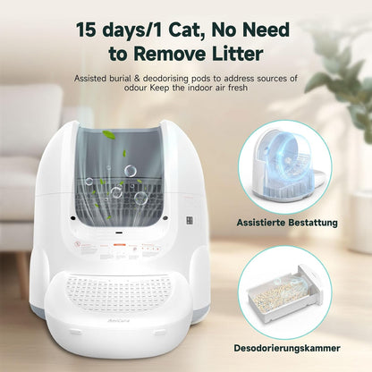 Amicura Automatic Cat Litter Box, Self Cleaning, 360-Degree Detection Smart Anti-Pinch, App Control, Odor-Proof, 65L Extra Large Open-top Cat Litter Box, Ultra Quiet Cat Toilet - PuriLite