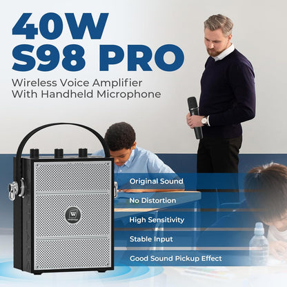Wireless Voice Amplifier with Handheld Microphone, Portable Bluetooth Speaker Microphones with Teachers & Events, Wireless Karaoke Mic for Singing, PA System with Echo & Sound Effects S98 Pro - PuriLite
