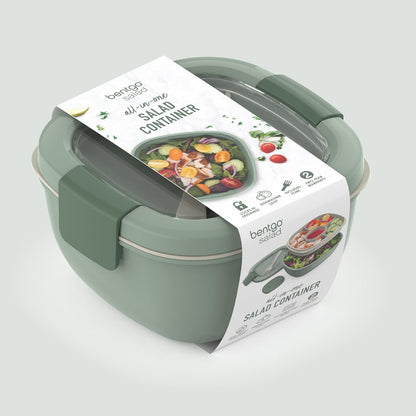Bentgo Salad - Stackable Lunch Container with Large 54-oz Salad Bowl, 4-Compartment Bento-Style Tray for Toppings, 3-oz Sauce Container for Dressings, Built-in Reusable Fork & BPA-Free (Khaki Green) - PuriLite