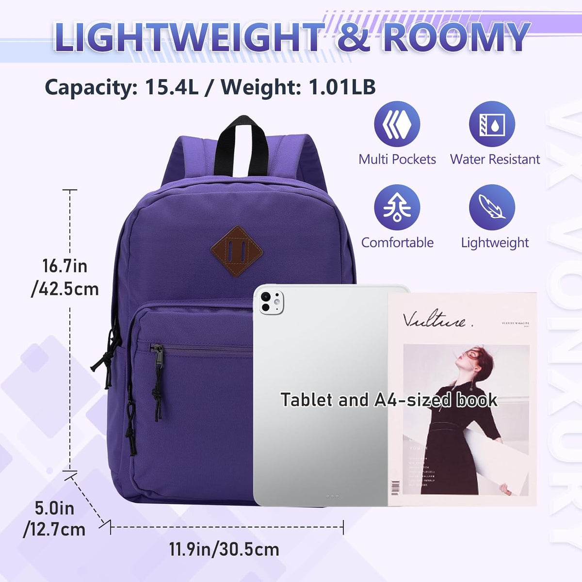 School Backpack for Kids,Lightweight Water Resistant Work Travel Backpack for Women Men Teens VONXURY - PuriLite