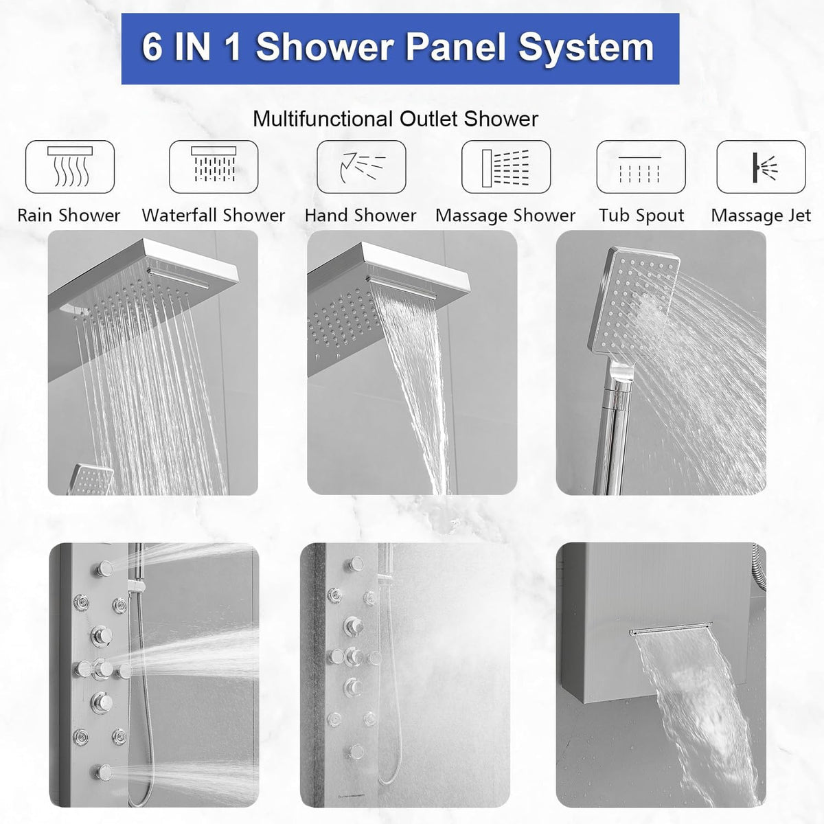 Bathfinesse Shower Tower Bathroom Shower Panel System Rain Massage System 6 in 1 Body Spray Jets Shower Wall Panels Rainfall Waterfall Shower Head Tub Spout with Temperature Display,Matte Black - PuriLite