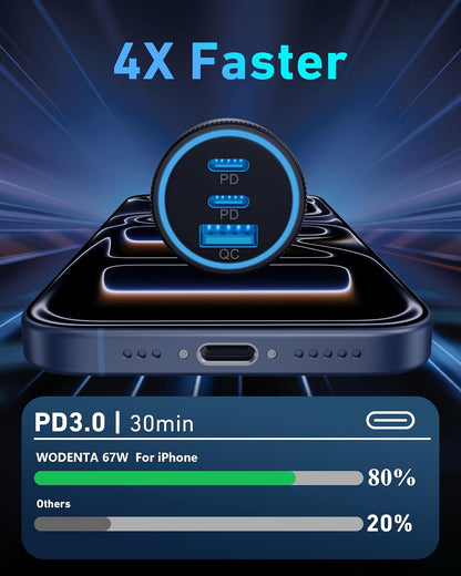 USB C Car Charger, 3-Port 67W Super Fast Charging Dual USB-C & USB-A Car Charger Accessories Cigarette Lighter Adapter for iPhone 17 16e 16 15 14 13 12 11 Pro Max, iPad, Galaxy, Pixel, Android Phone - PuriLite
