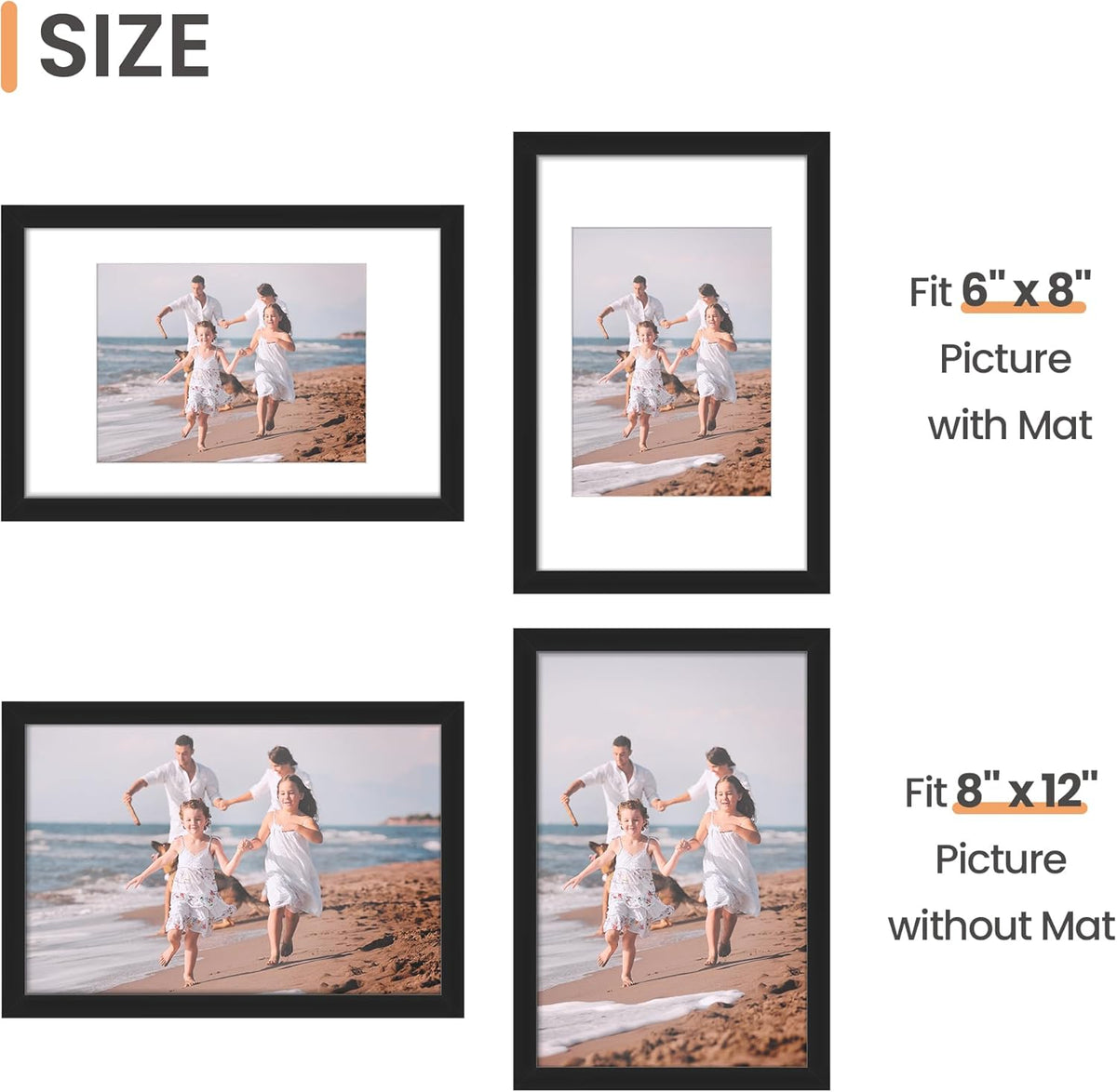upsimples 11x14 Picture Frame, Display Pictures 8x10 with Mat or 11x14 Without Mat, Wall Hanging Photo Frames, Black - PuriLite