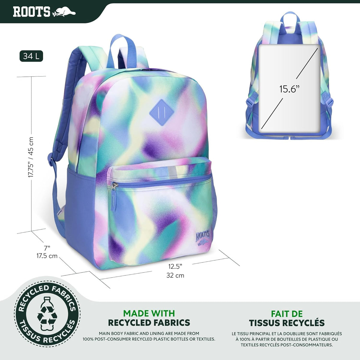 Roots Teen Lightweight Backpack — Made from Recycled Polyester with 15.6" Laptop Compartment, Rain Flap, Bottle Pocket, Reflective Accent, and Back Padding — 34L, Black - PuriLite