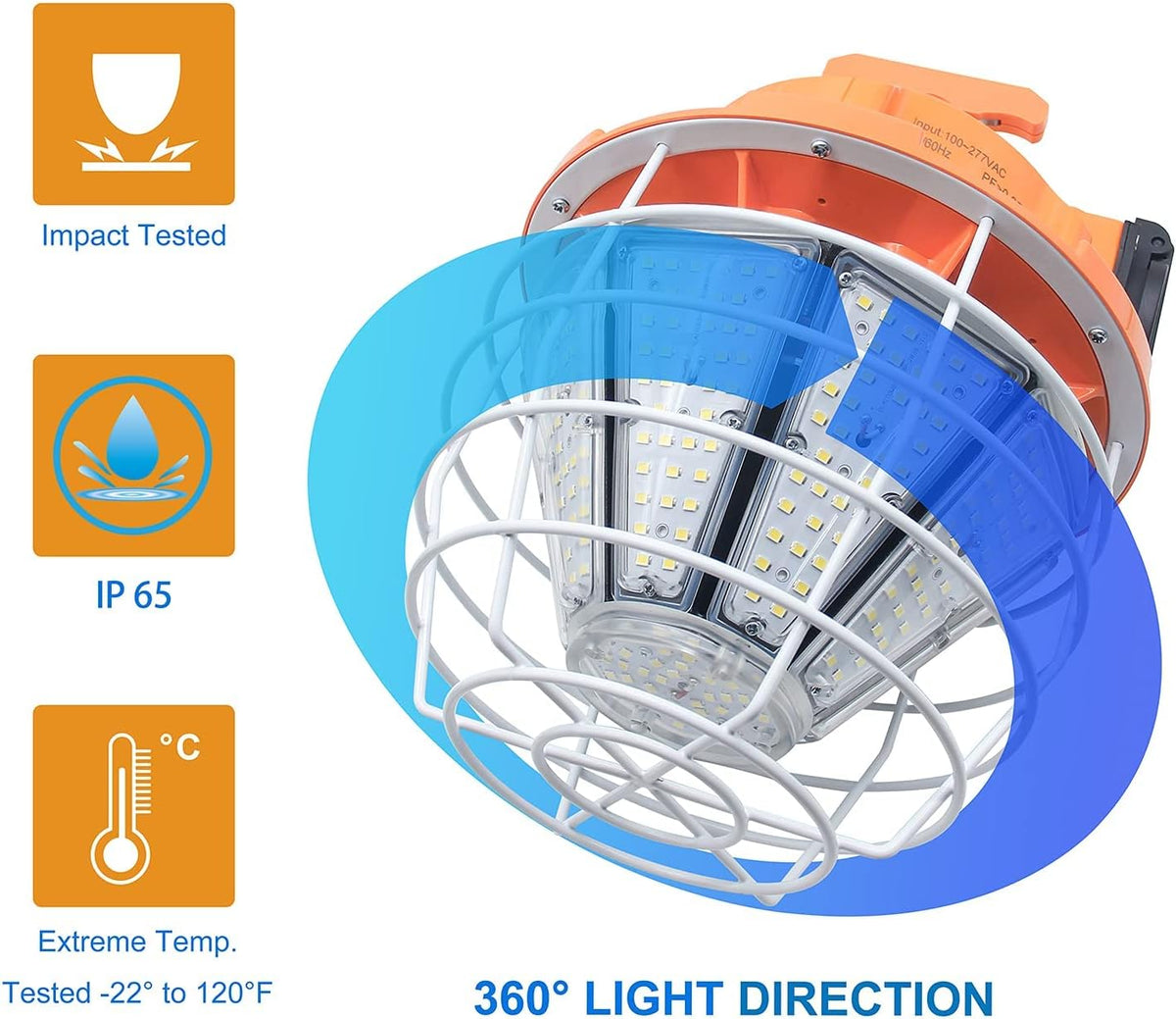 150W High Bay Outdoor Temporary LED Work Light 22500Lm 5000K Daylight White with Stainless Steel Guard and Hook Portable Hanging Lighting for Construction Job Site - PuriLite