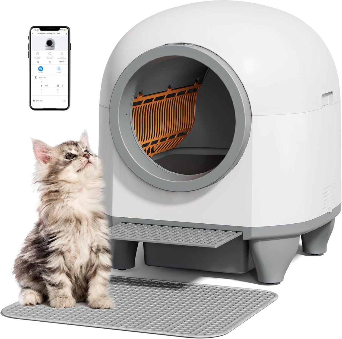 GUNJI Self Cleaning Litter Box, 90L Automatic Cat Litter Box for Multiple Cats, App Control-No Scoop, Large Kitty Box with Safety Protection, Includes Mat, 1 Garbage Bags (Gray) - PuriLite