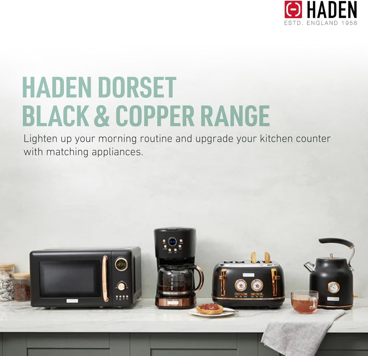 Haden Dorset 75083 Stainless Steel 1500W Retro Toaster 4 Slice Wide Slot w/Removable Crumb Tray and Settings, Black/Copper Toasters w/Adjustable Browning Control, Smart Toaster - PuriLite