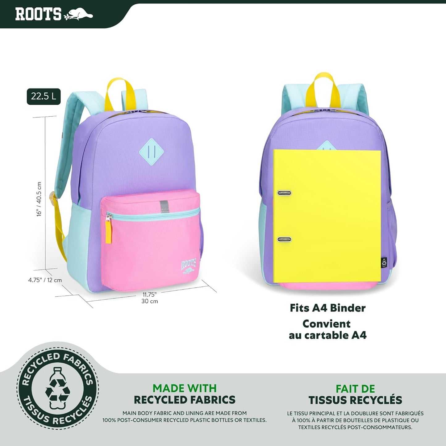 Roots Kids Lightweight Backpack — Made from 100% Recycled Fabrics with Rain Flap, Bottle Pocket, Reflective Accent, and Back Padding — 22.5 litres, Pink & Purple - PuriLite