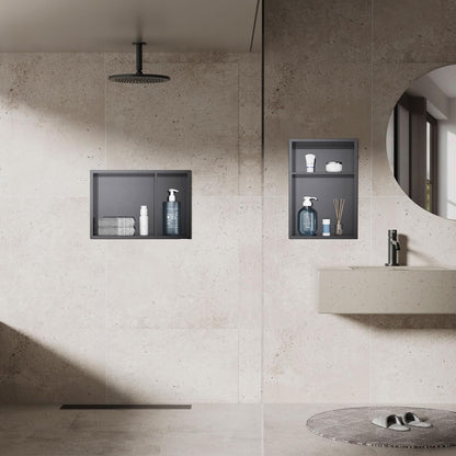 MENATT No Tile Shower Niche, Stainless Steel Wall Niche 13"X19"(Inner Size 12"X18"), Two-Tier Bathroom Shelf, NO Tile Needed Recessed Niche Shower for Bathroom Storage, Black - PuriLite