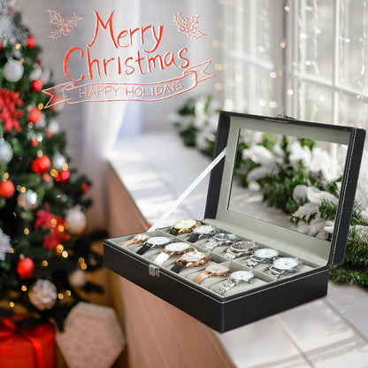 Ohuhu Watch Box Organizer for Men -12 Slot Leather Watch Case with Real Glass Lid Watch Display Case, Watch Organizer Jewelry Storage Box - PuriLite
