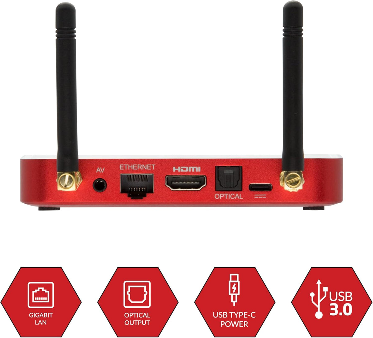 BuzzTV X5 SS Android 13 TV Box, 4GB DDR4 RAM, 128GB Storage, Scarlet Red Aluminum, Dual Voice-Controlled Remote, Wireless AX, USB-C, Global Power Adapters - PuriLite