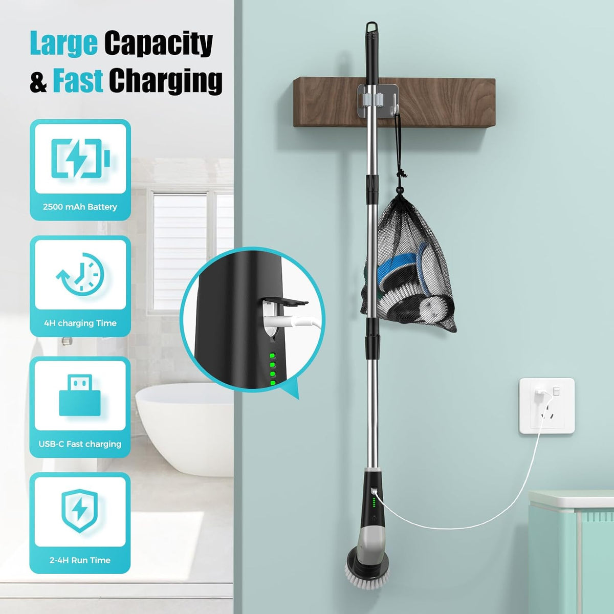 YKYI Electric Spin Scrubber,Cordless Electric Cleaning Brush,Shower Scrubber with 8 Replaceable Brush Heads,Power Scrubber 2 Adjustable Speeds,Bathroom Brush with Long Handle for Bathtub,Tile,Floor - PuriLite