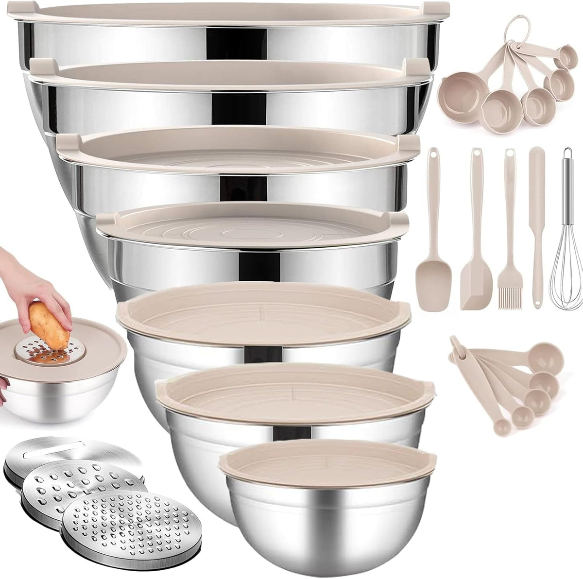 JUJOJB Mixing Bowls With Lids Set,Stainless Steel Mixing Bowls Set With 3 Grater,Metal Nesting Bowls For Kitchen Baking Refrigerator Meal Prep Food Storage Organizer,7 Size(Khaki) - PuriLite