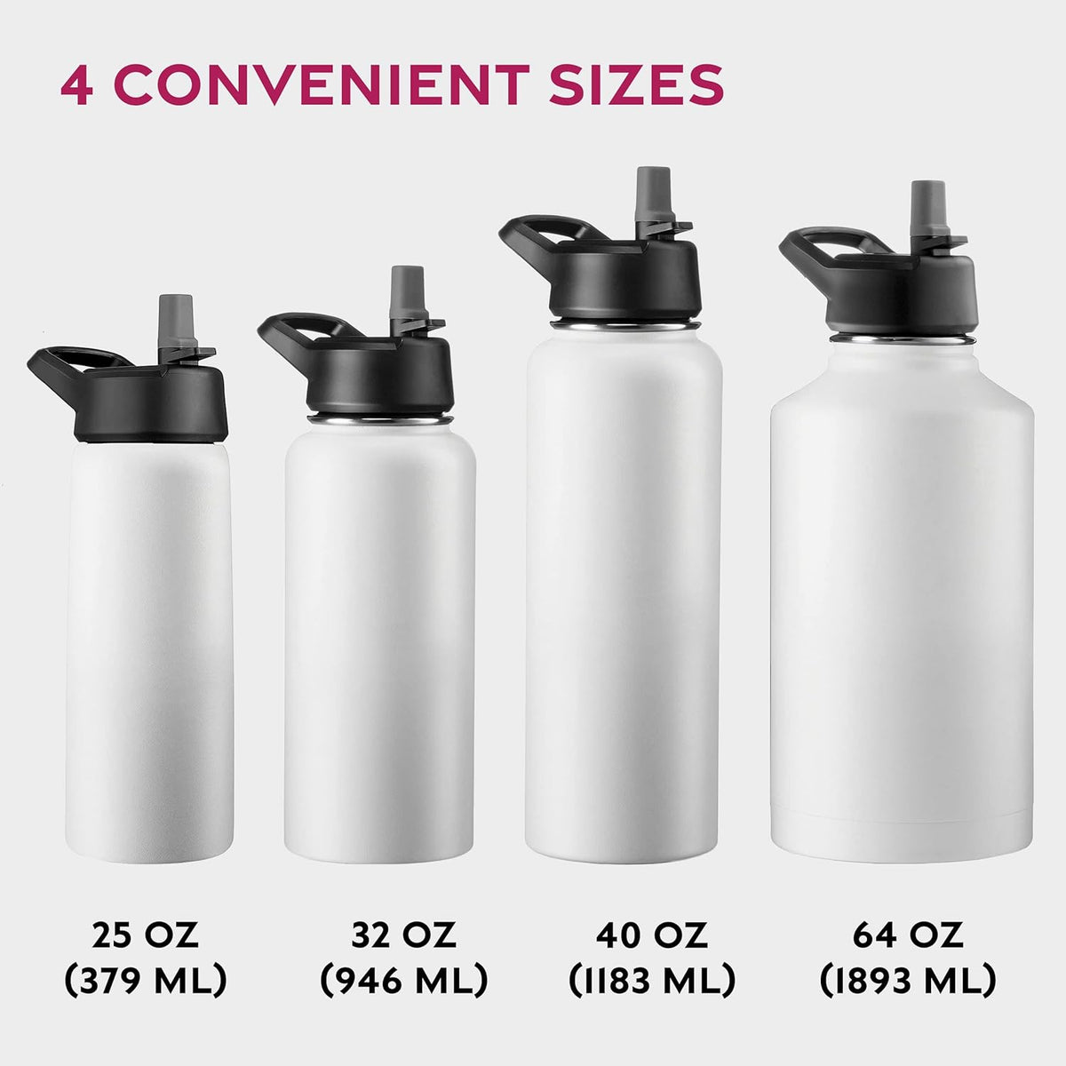 FineDine Water Bottle - Stainless Steel Insulated Water Bottle with Straw Lid, Flip Lid & Wide-Mouth Cap - Keeps Hot and Cold - 25 Oz / 739ml - Pure Pearly White - PuriLite