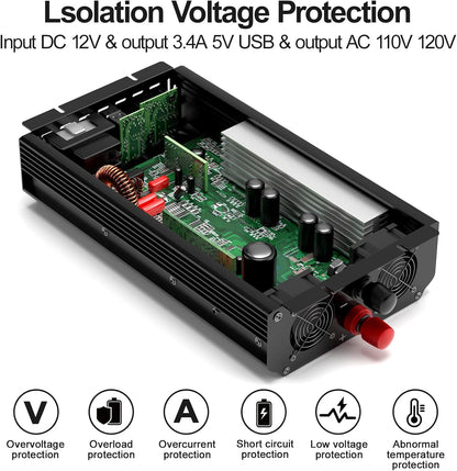 3000W Power Inverter,12V DC to AC 110V120V Peak Power 6000W with 2AC Outlets and 2.4USB Port,LCD Display Car Inverter for Outdoor Activities,Emergency - PuriLite