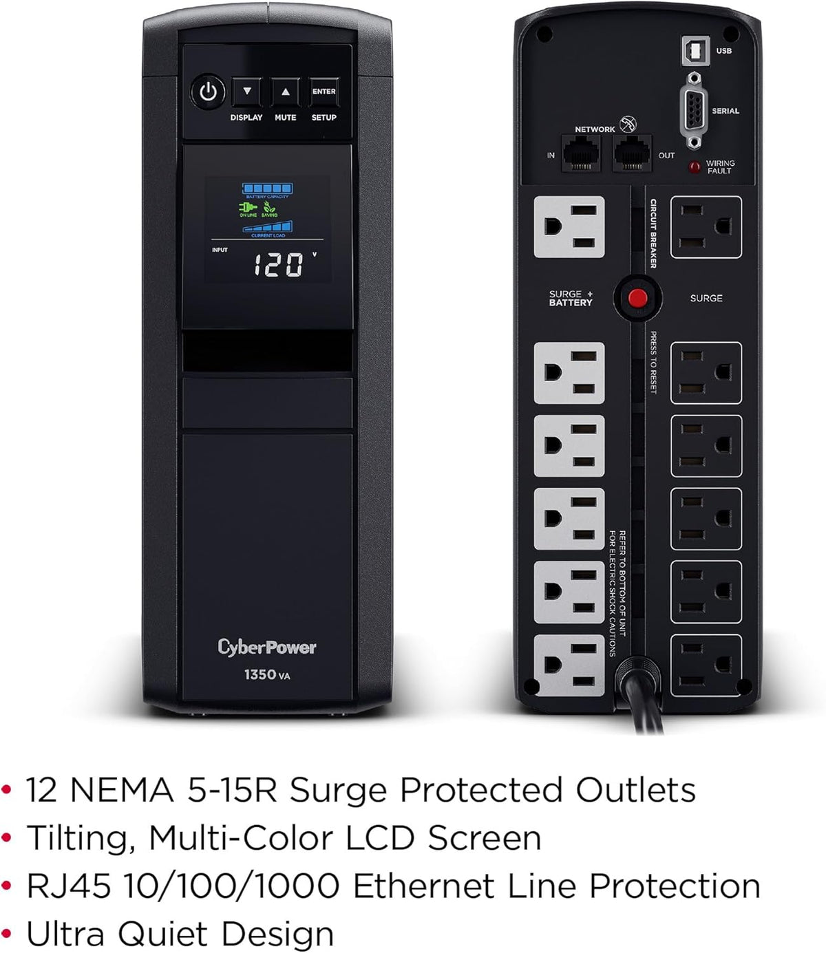 CyberPower CP1500PFCLCD PFC Sinewave UPS System, 1500VA/1000W, 12 Outlets, AVR, Mini Tower, Black - PuriLite