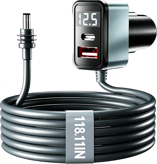 Starlink Mini Car Adapter (118.11IN/10FT), Starlink Mini DC Power Cable Car Charger, 12V-24V Cigarette Lighter Adapter with Digital Display, USB C 36W and USB A 18W Ports for Trucks and Cars