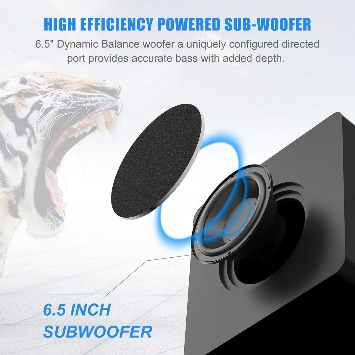BESTISAN Powered Subwoofer, 6.5'' Side Firing Home Audio Sub, Deep Bass Response Subwoofers, Easy Setup with Home Theater Systems, TV, Speakers, RCA, LFE, AUX Input, High-Level Speaker Input & Output - PuriLite