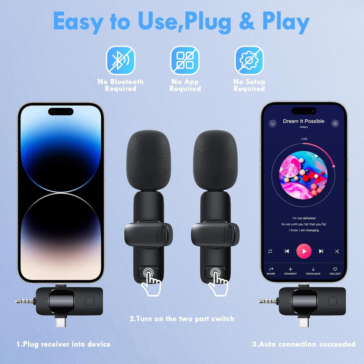 3 in 1 Wireless Lavalier Microphone for iPhone iPad Android Camera USB-C, Mini Microphone with Noise Reduction, Plug-Play Wireless Microphone for YouTube, Video Recording, Interviews, TikTok, Vlog - PuriLite