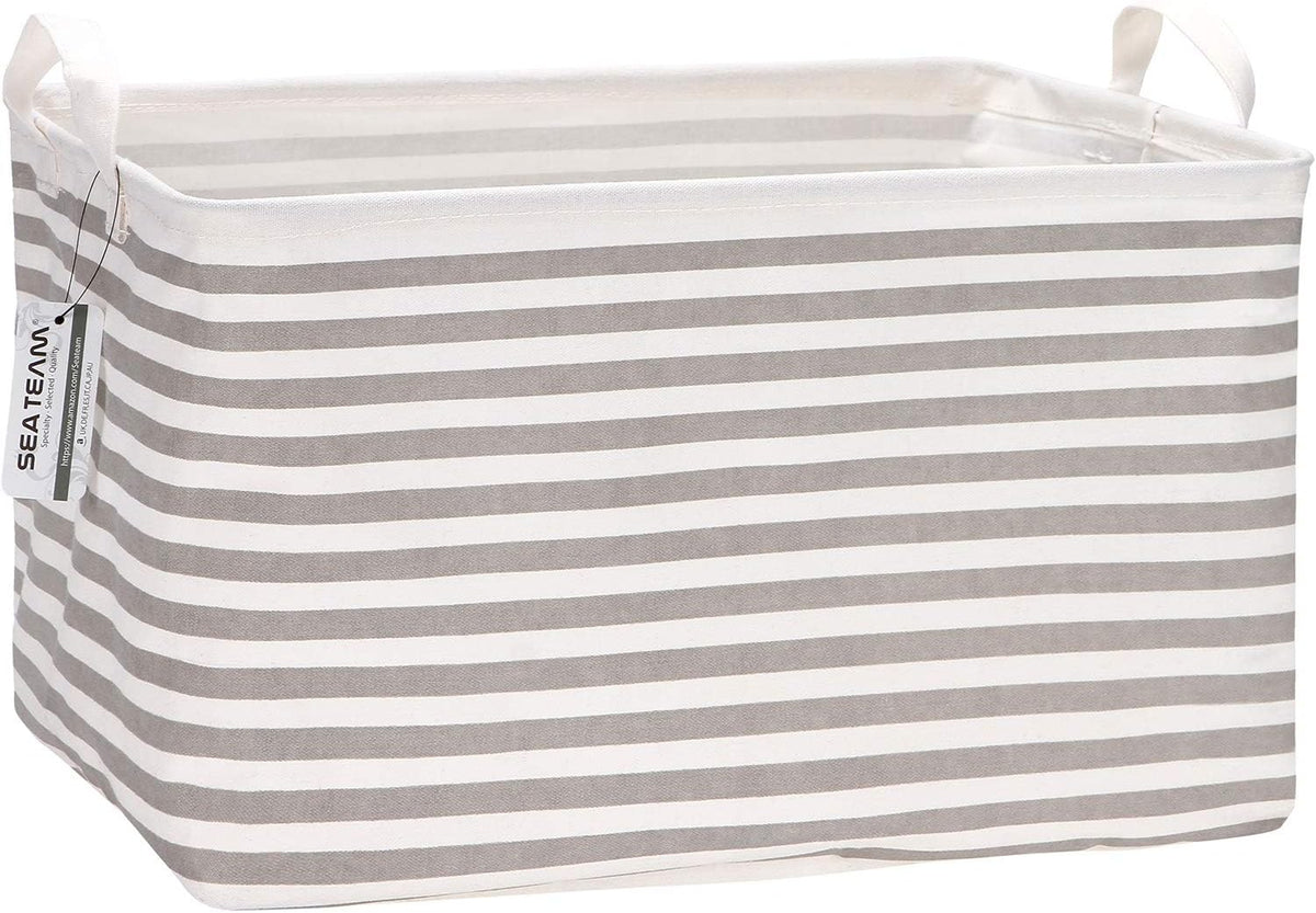 Sea Team 16.5 x 11.8 x 9.8 inches Square Canvas Fabric Storage Bins Shelves Storage Baskets Organizers for Nursery & Kid's Room, Grey Stripe - PuriLite