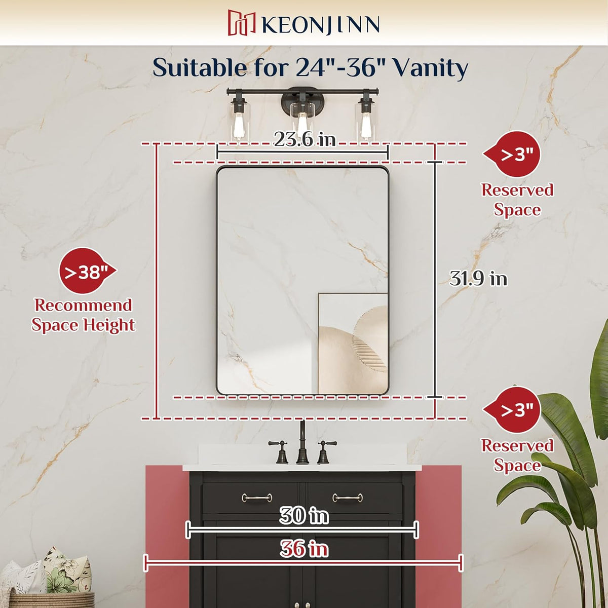 Keonjinn 42 x 36 Brushed Nickel Bathroom Vanity Mirror, Large Rounded Rectangle Bathroom Mirrors for over Sink, Metal Framed Silver Mirror for Wall, Shatterproof HD Tempered Glass(Horizontal/Vertical) - PuriLite